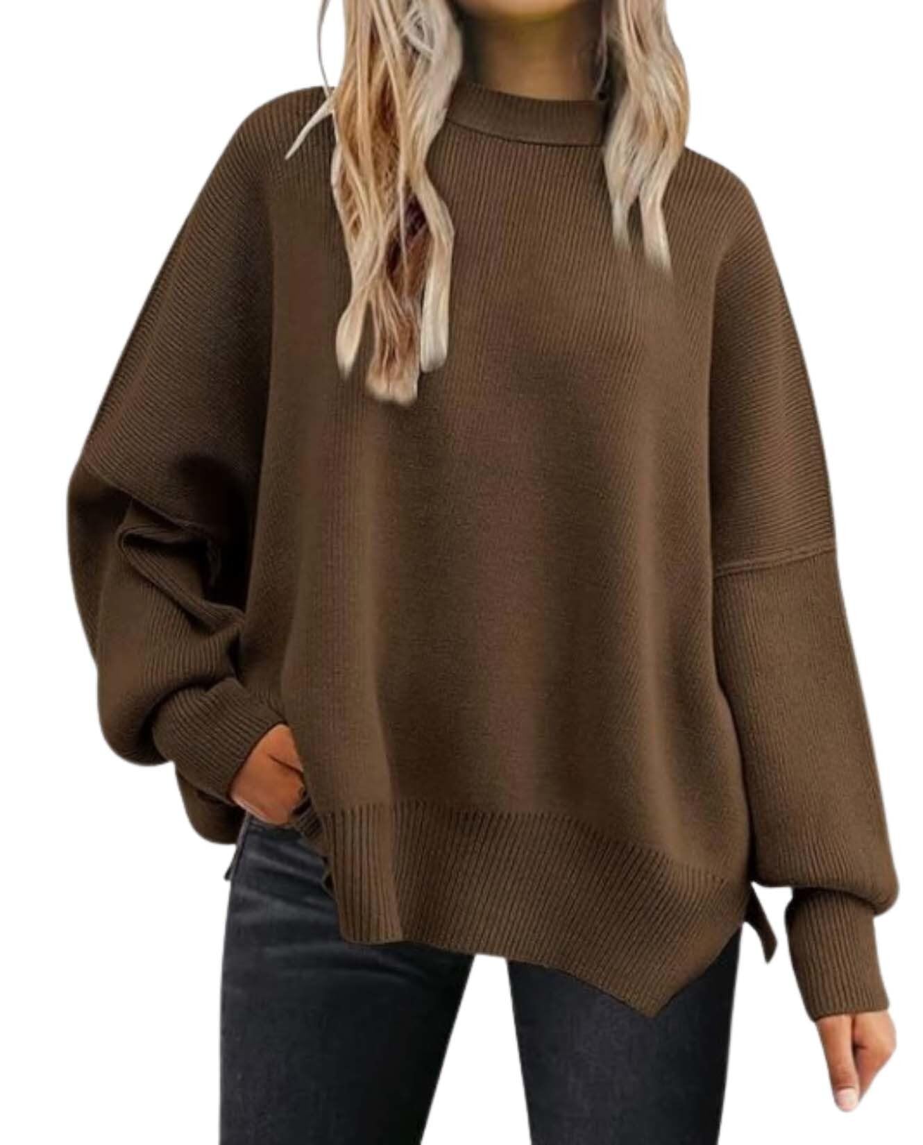 2025 Fall Womens Oversized Batwing Sweater Fashion Crew Neck Knit Side Slit Cozy Fall and Winter Pullover Sweater