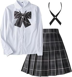 [SYRHSYB] コスプレ 制服 セット jkスカート 丈48cm ４点セット 女子学生服 上下セット 半袖 丸襟 長袖 白いシャツ＋蝶結び＋クロスタイ＋チェックスカート 写真撮影 パーティー衣装 遊園地 学園祭 文化祭 卒業式