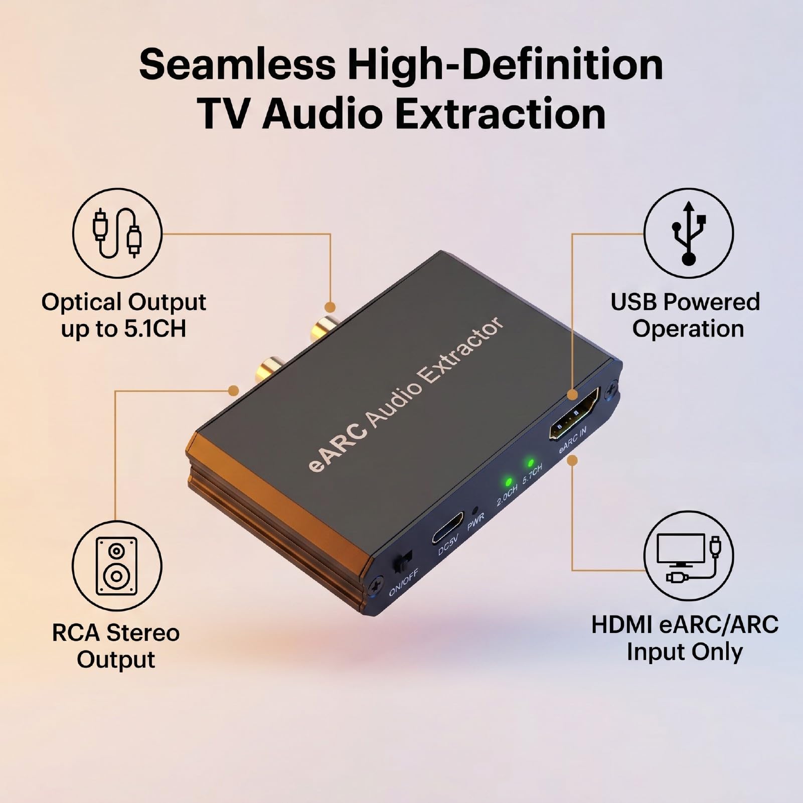 Tosuny Extractor de Canal de Retorno de Audio de 192 KHz, Adaptador de Audio HDMI a óptico y de 3,5 Mm, Convertidor Digital a Analógico con Alimentación USB para TV, Barra de Sonido y