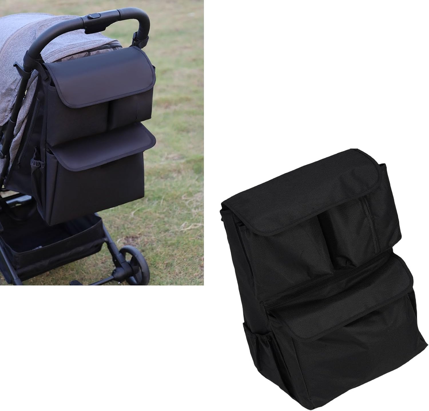 Tissting Universal Stroller Organizer with Cup Holder, Stylish Hanging Storage Bag for Diapers & Bottles on Stroller, Walker & Wheelchair, Easy to Carry & Clean, Oxford Fabric (Black)