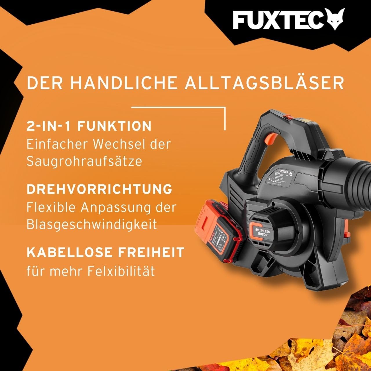FUXTEC 40 Volt 2in1 Akku-Laubbläser/-Sauger Set FX-E2LBS-SET, leistungsstarker Laubhäcksler inkl.Akku und Ladegerät, Saugleistung 685.1m³/h, ergonomischer Handgriff, Geschwindigkeitsregulierung