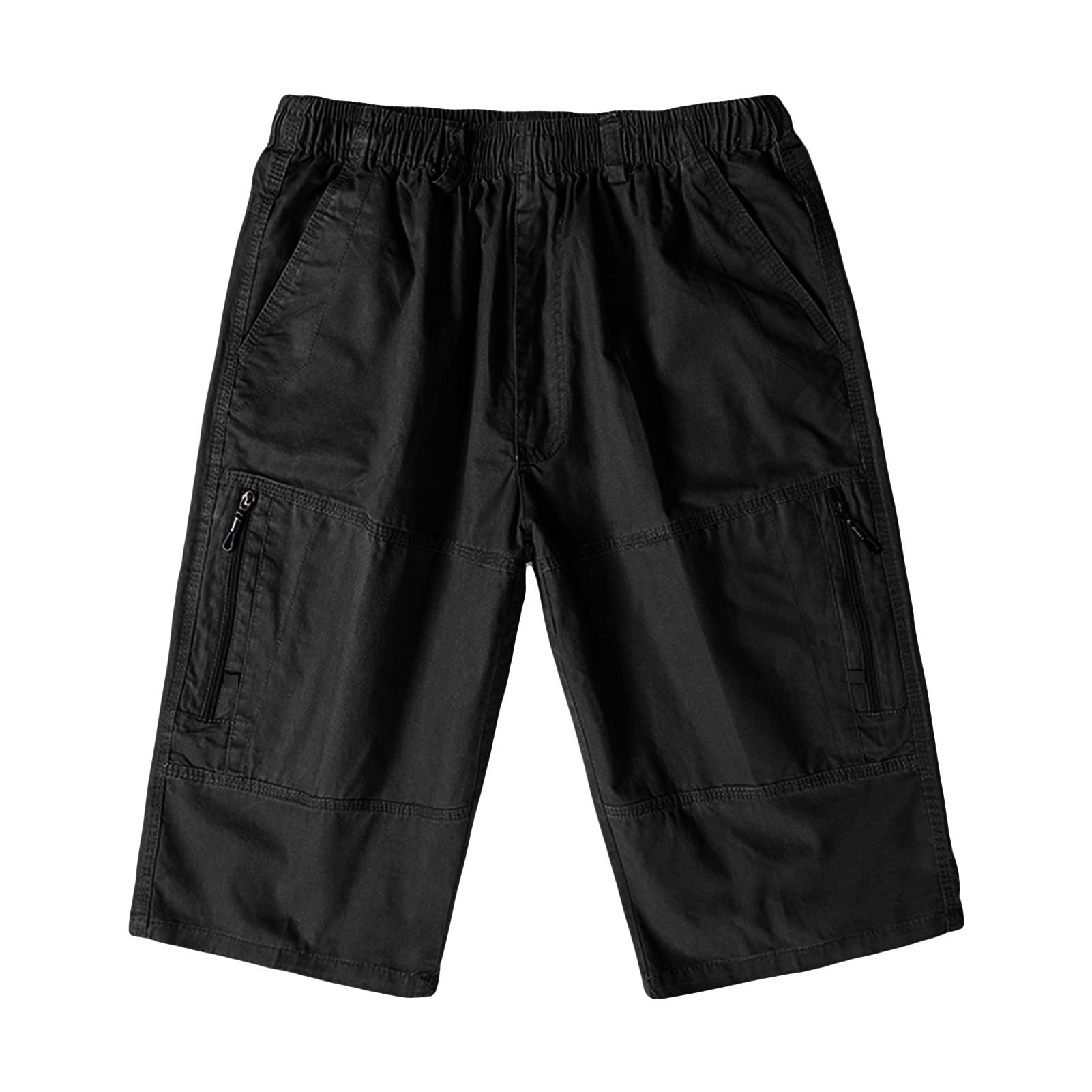 Maiyifu-GJ Men's Outdoor Zipper Pocket Cargo Shorts Elastic Waist Hiking Tactical Shorts Multi Pockets 3/4 Long Short Pants (Black,XX-Large)