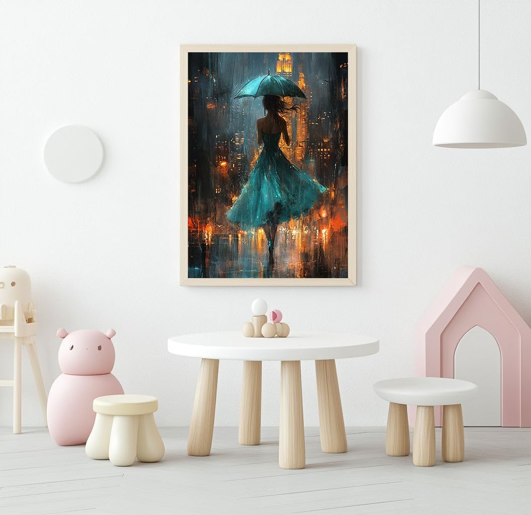 XCJFGO Rainy Night Scenery Paint by Numbers for Adults Lady in Blue Dress Paint by Numbers for Adults Beginners, Acrylic Simple Paint by Number Canvas for Decoration 16" W x 20" L
