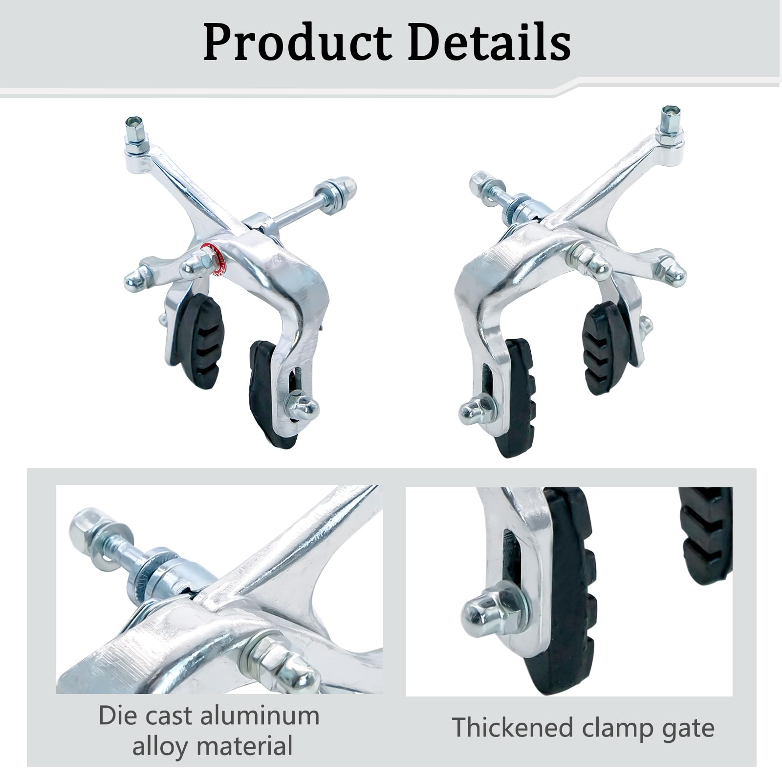 Zestaw 2× Aluminiowe Szczeki Hamulcowe C-Brake do Roweru Szosowego i Fixie, Przód i Tył, Srebrny, Mechaniczny Hamulec z Żywicznymi Klockami – Lekkie i Trwałe Akcesoria Rowerowe