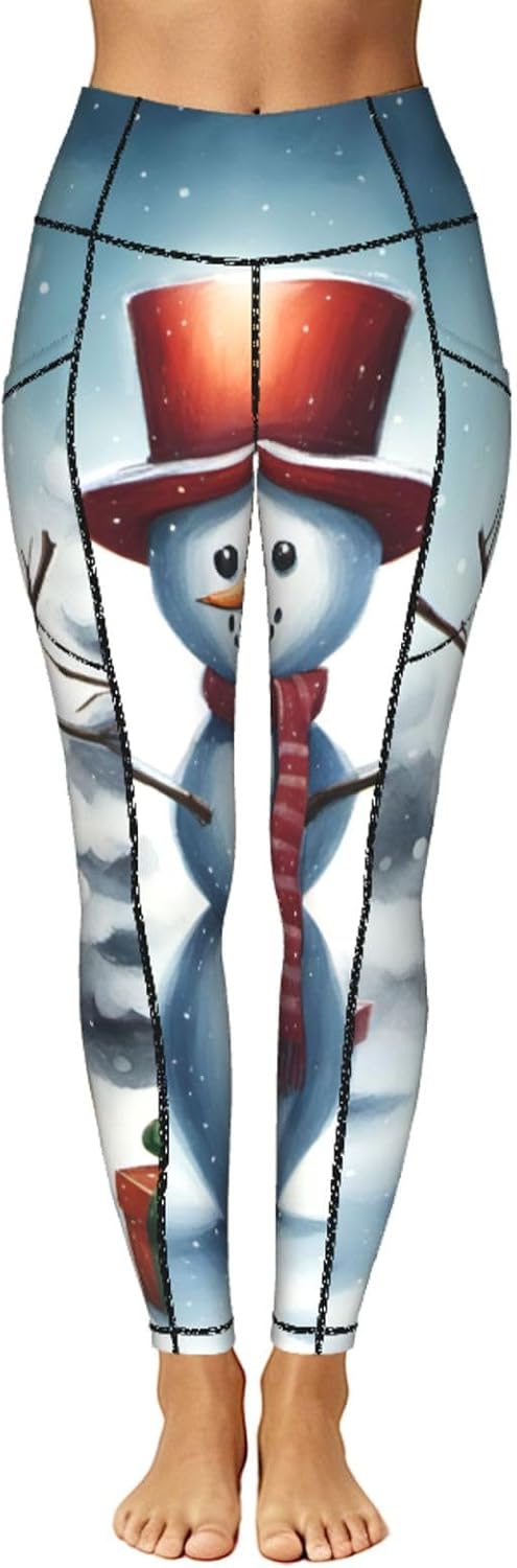 Christmas Snowman Print Leggings with Pockets,High Waist Tummy Control Pants, Workout Sets for Women