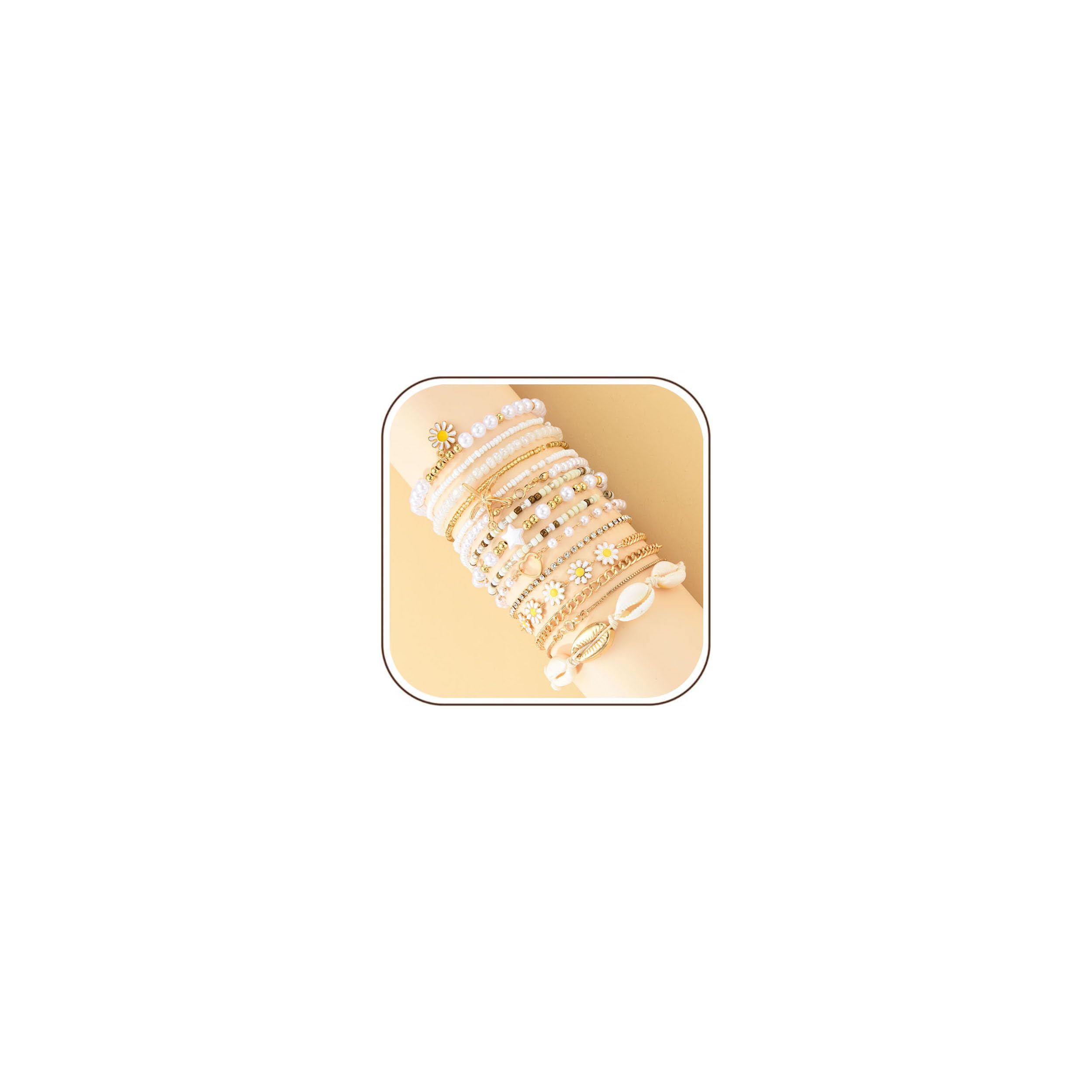 Uwiyo Gold Armband Set Damen, Stapelbare Gold Armband Boho Perlen Schale Gänseblümchen Blumen Armbänder Armreif Armkette Geschenke Schmuck für Frauen Mädchen