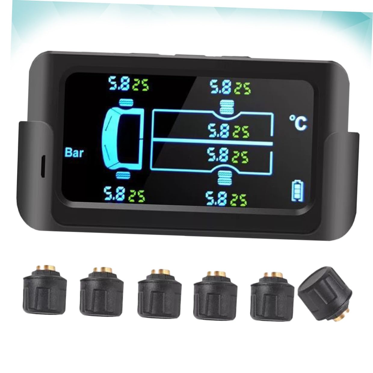Lurrose Sistema di Monitoraggio Pressione Pneumatici Solare Wireless per Camion Grandi e Autobus 6 Sensori Esterni in ABS e PC Supporto Ricarica Energia Solare