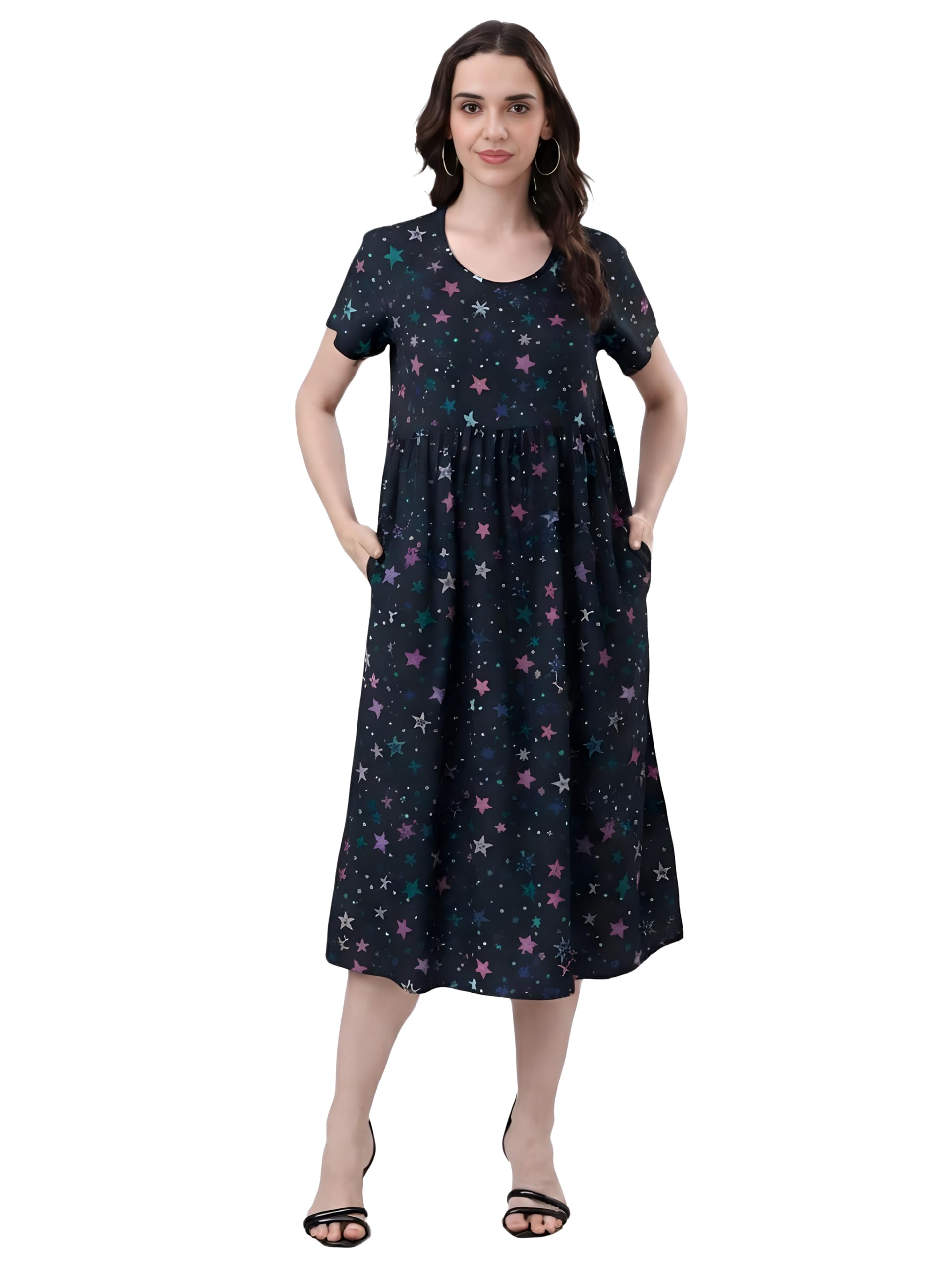 Women's Cotton Floral Maternity Dress, Nursing Gown with Concealed Zipper, Black and Pink-image-2