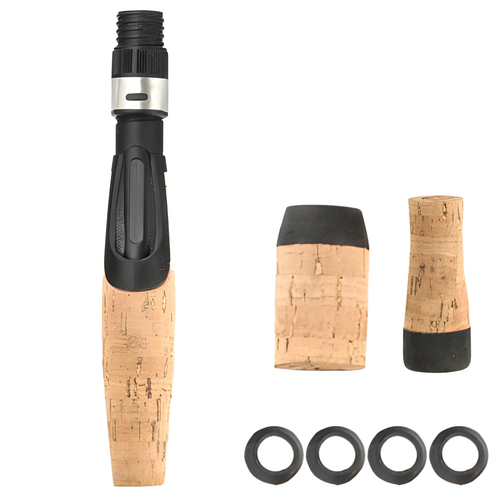 Kit fai da te con manico per canna da pesca, 4 pezzi, con manico in sughero, tappi terminali in gomma, manico dritto per riparazione e costruzione di canne da pesca