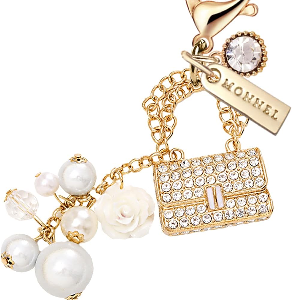 MC441 Crystal 3D Lady Handbag Rose and Balls Lobster Clasp Charm for Women with Velvet Bag (White,1 Piece) - Image 2