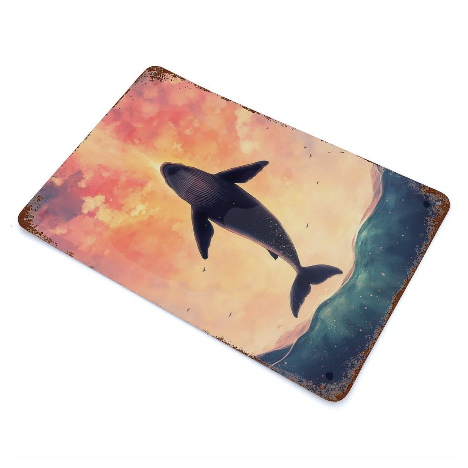 Whale Leaping Sunset 11.8"x7.9" Retro Metal Sign, Industrial Home Decor for Office, Studio And Wall Decor
