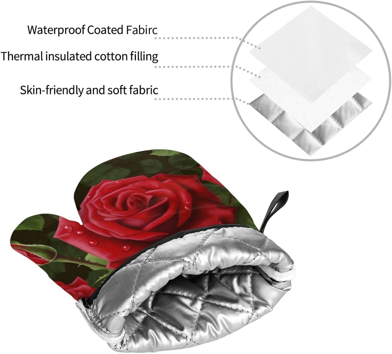 (Red Rose) Baking 4-Piece Set: 2 Oven Mitts and 2 Pot Holders Heat Resistant Waterproof Hanging Loop for Kitchen Oven Grill Housewarming Gifts