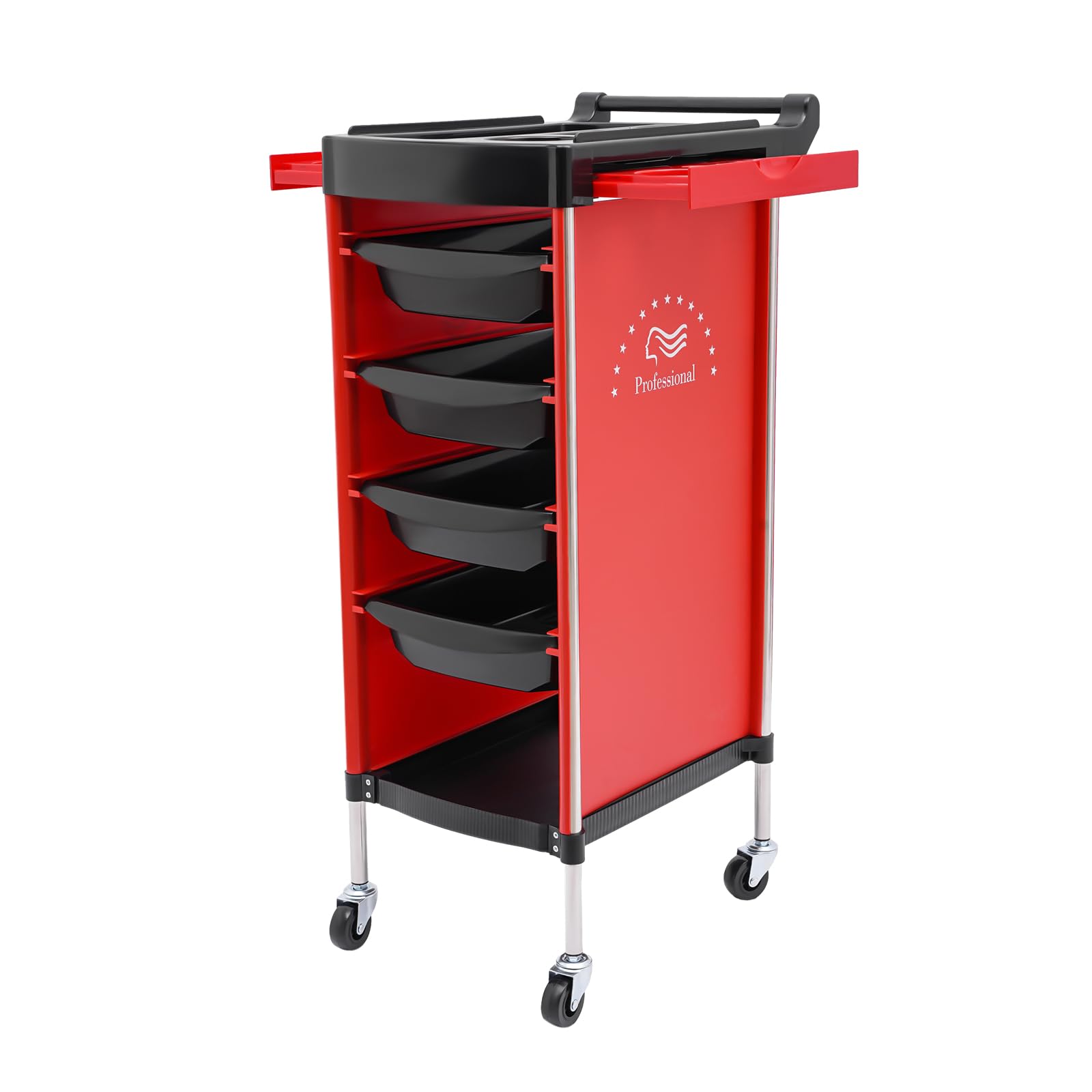 Carro de peluquería con 4 cajones, carrito de operación con ruedas, carrito de peluquería, accesorios de peluquería, carrito de trabajo profesional para salón de belleza, 36 x 37 x 85 cm (rojo)