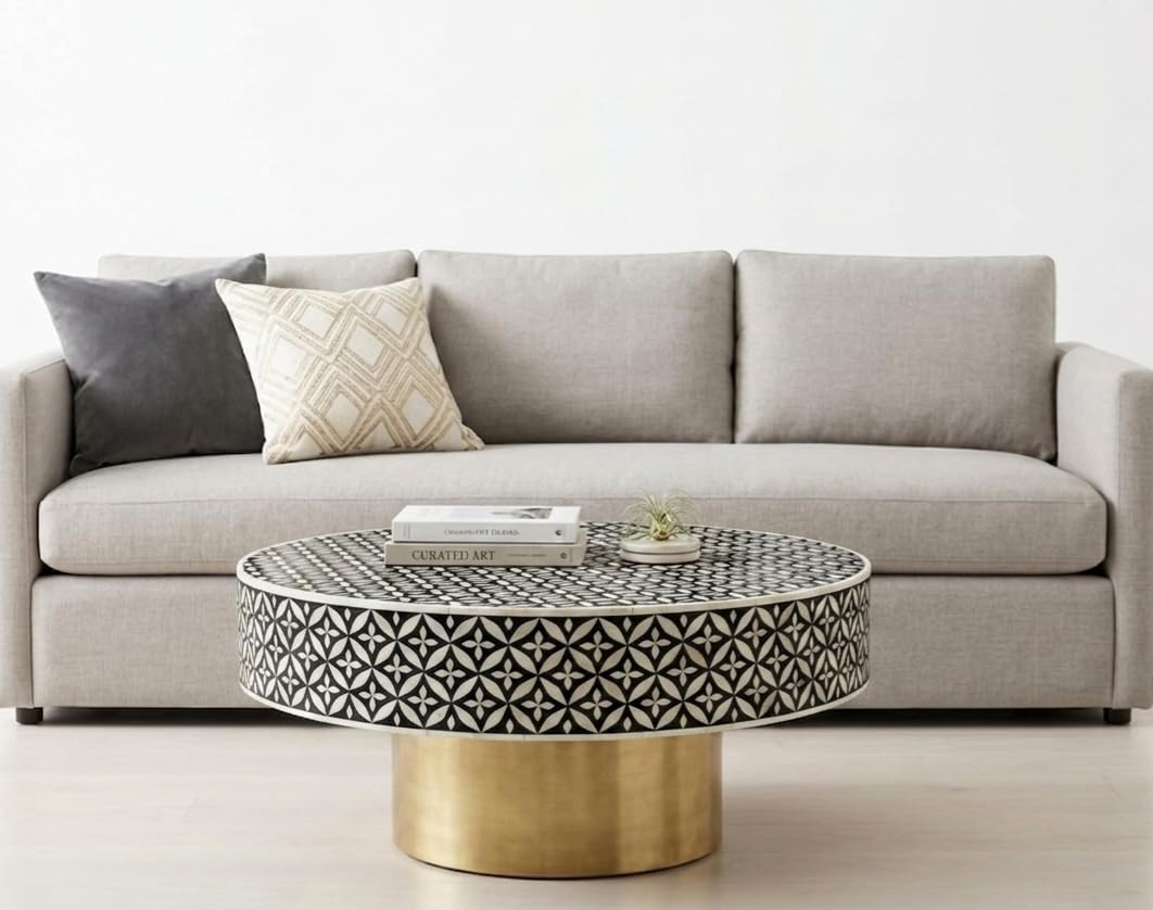 Handmade Bone Inlay Geometric Coffee Table, Round Accent Table for Living Room, Artisan Crafted Center Table, Decorative Luxury Furniture (Black & White, W42 x D42 x H17 inch)-image-31