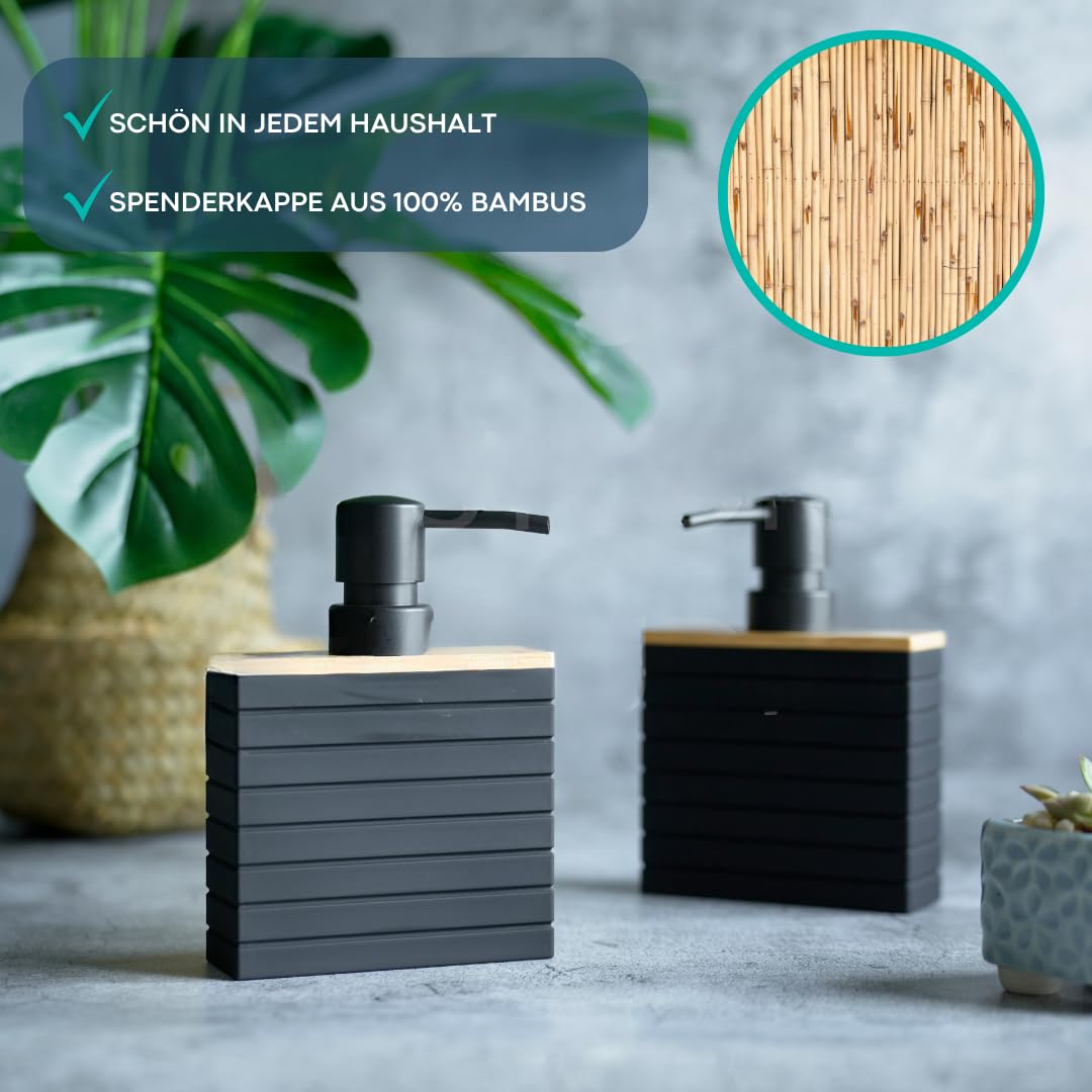 BUDDLEY Seifenspender Bamboo Schwarz, 2er Set Spülmittelspender für Küche & Bad, Freistehend