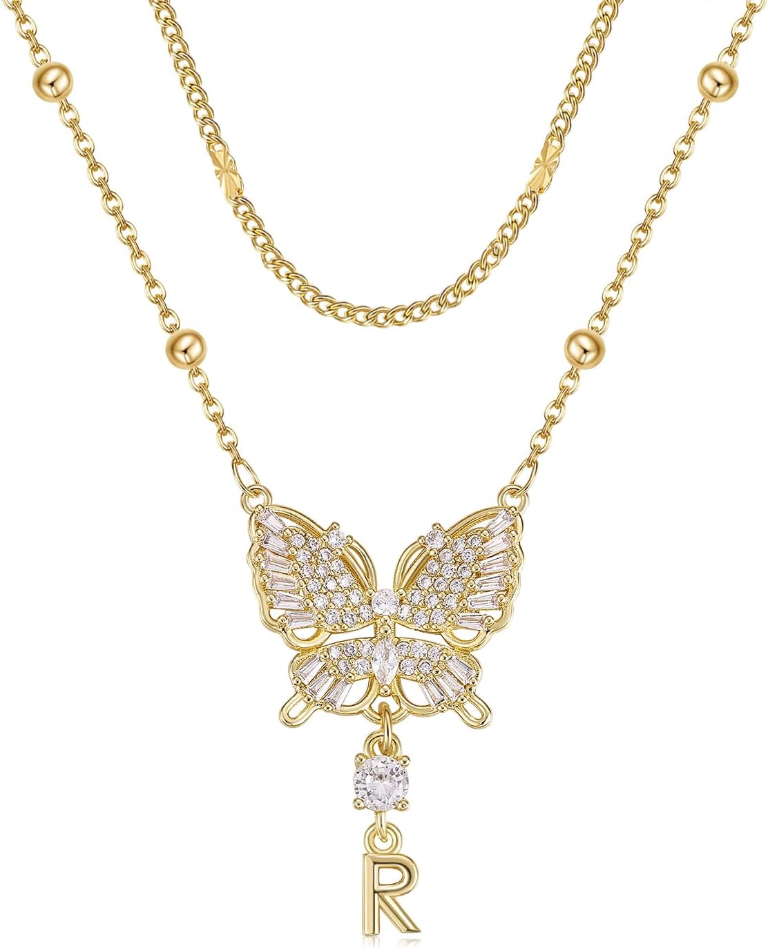 Butterfly Initial Necklaces for Women 14K Gold Plated Dainty Layered Beaded Chain Necklace with Cubic Zirconia Butterfly Pendant Letter Charm Personalized Stackable Jewelry Gift for Her