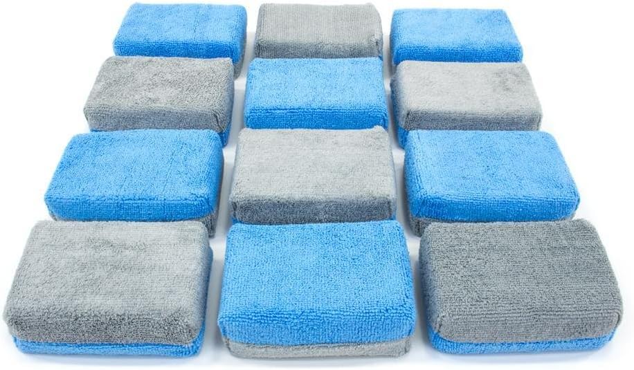 Thick [Saver Applicator Terry] Ceramic Coating Applicator Sponge | 12 Pack | with Plastic Barrier to Reduce Product Waste. (Blue/Gray)