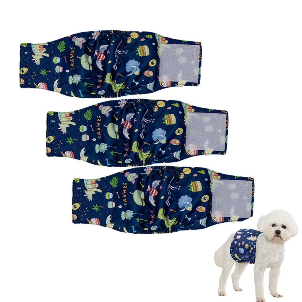 Hixingo 3 Packs Dog Nappies Male, Highly Absorbent Pet Diapers, Washable & Reusable Puppy Sanitary Wraps Panties Dog Incontinence for Small Medium Large Dog (L,Dinosaurs)