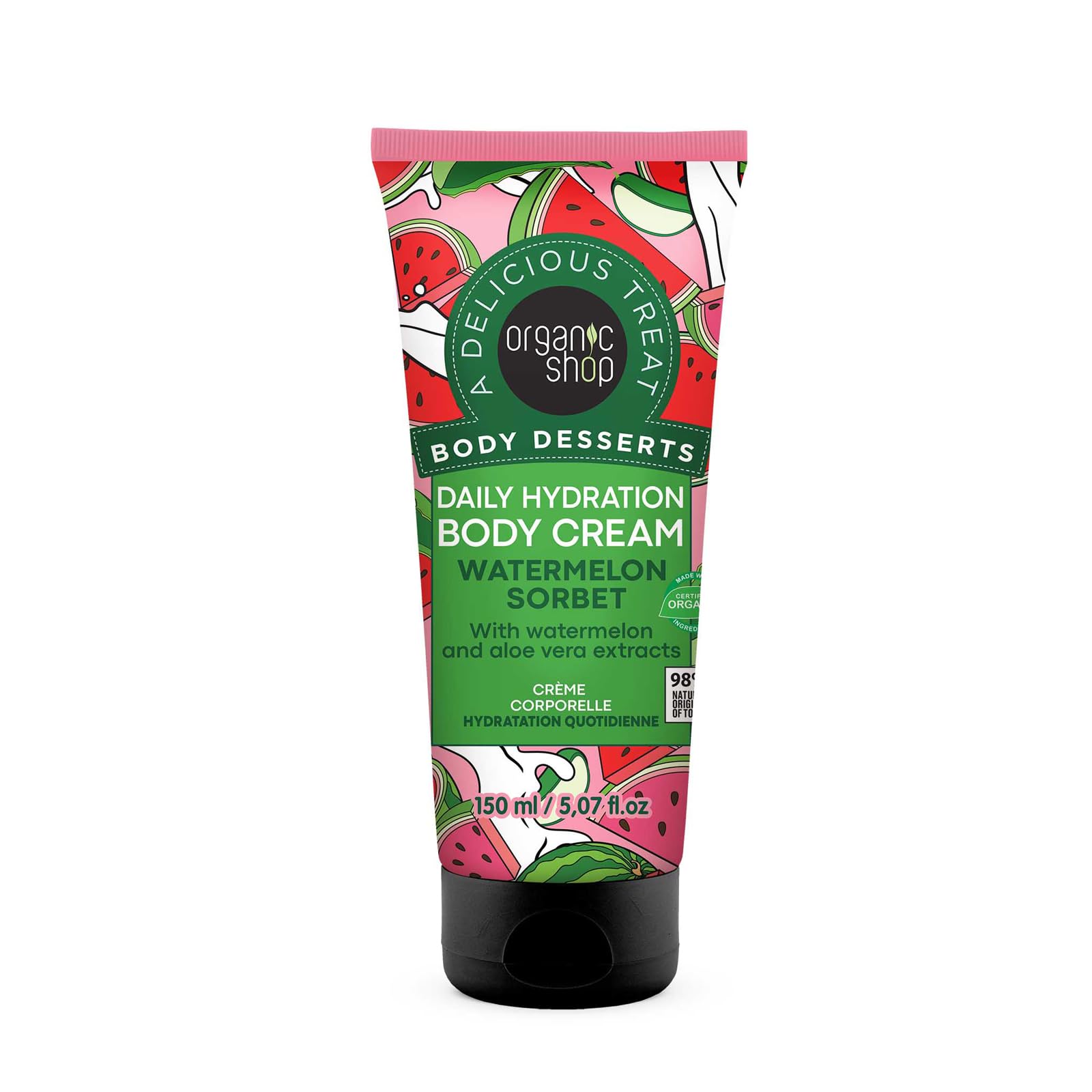 Organic Shop Watermelon & Aloe Vera Extract Deep Hydration Body Cream, 100% Vegan & Organic, Daily Moisturizer, Body, Face, Hand & Foot Natural Lotion, Intensive Care & Skin Hydration. 150ml