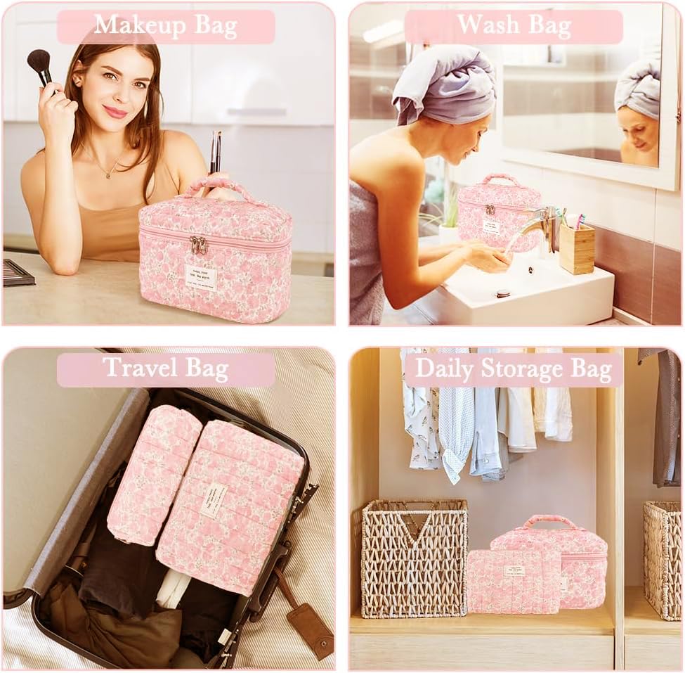 Image of Lyrovo Makeup Organizer Cosmetic Bag Quilted Large Floral Make Up Organize Set for Women Flower Travel Toiletry Bag (Flower-Pink)