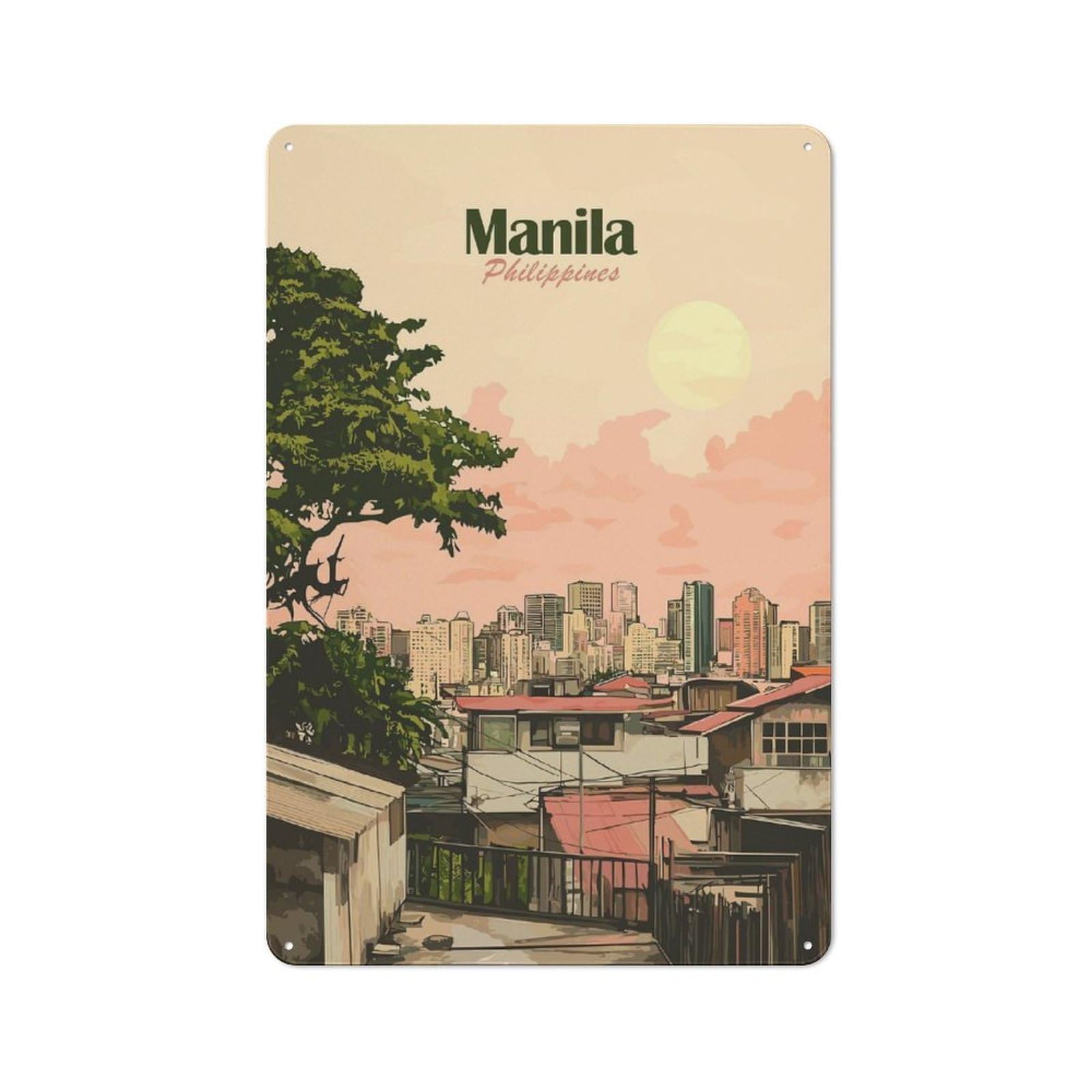 Manila Philippines Cityscape Art Urban Metal Wall Decor 30x20cm, Industrial Metal Sign for Flat, Bar, Studio Or Gallery Wall