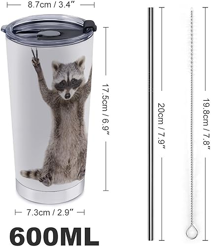 Miniatura 3 de MoBlinko Vaso de viaje de 20 onzas con tapa y pajitas, divertido y lindo mapache con señal de paz, taza de café aislada de acero inoxidable para