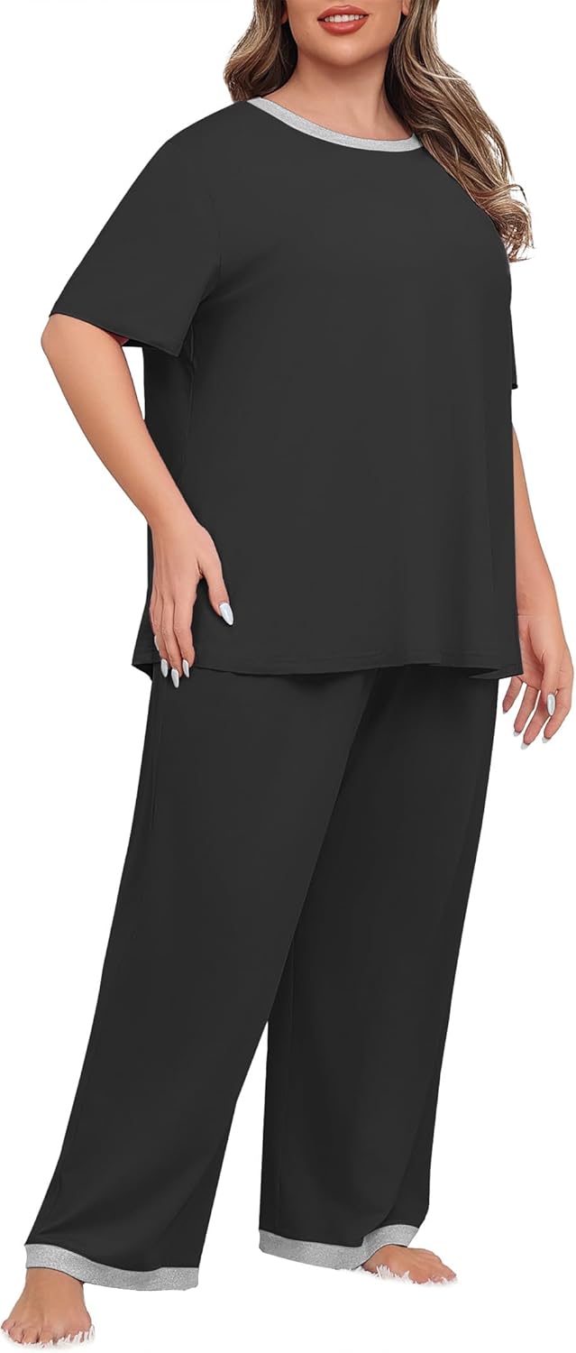 Lastshe Womens Plus Size Pajama Set 2 Piece Short Sleeve Pants Sleepwear Pjs Lounge Set Knit Soft with Pockets - Image 4