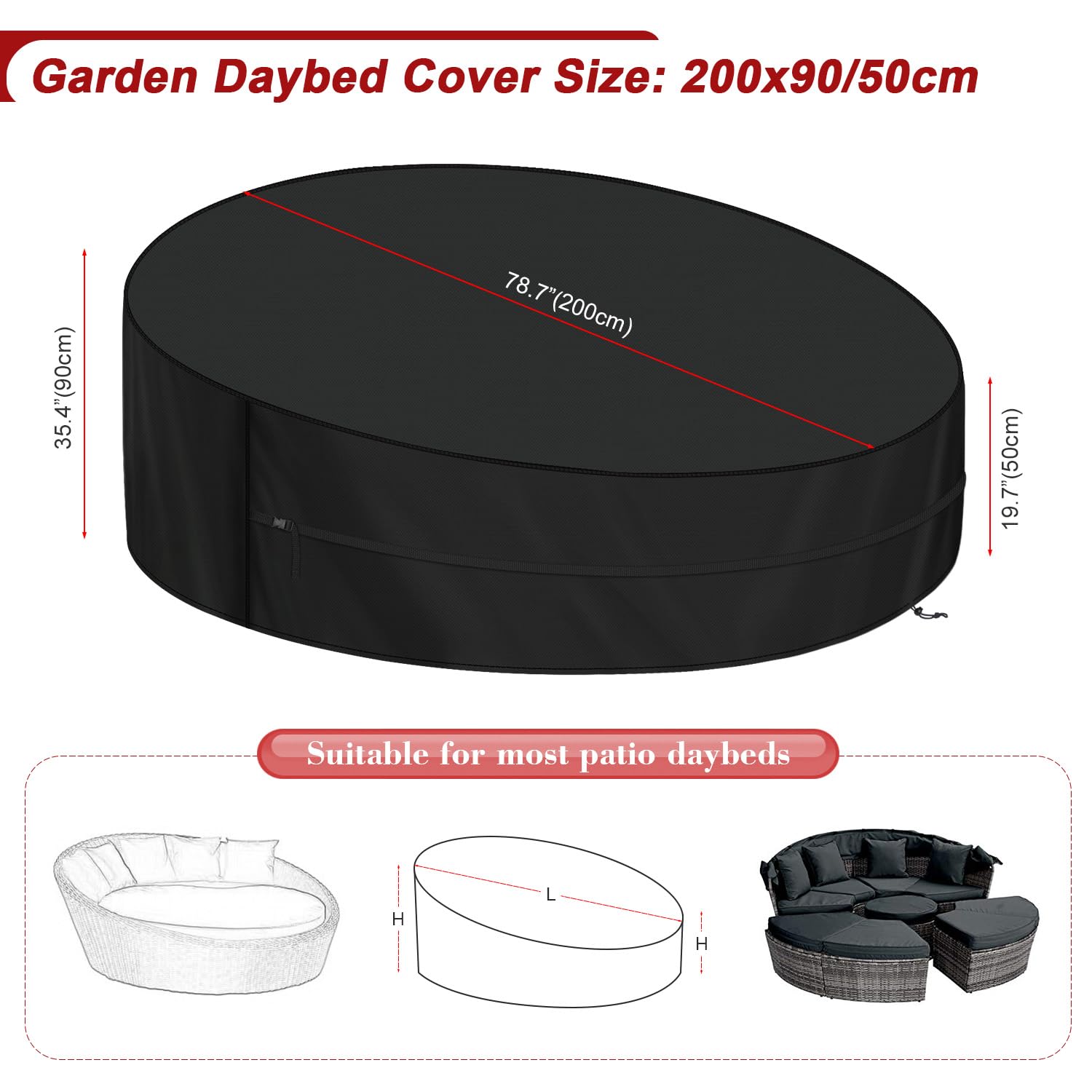 LAMUNI Sonneninsel Abdeckung Wasserdicht Schutzhülle Sonneninsel Rund Abdeckplane für Liegeinsel Outdoor Schwerlast 420D Oxford Gartenmöbel Abdeckhaube für Loungeinsel Garteninsel, 200x90/50cm