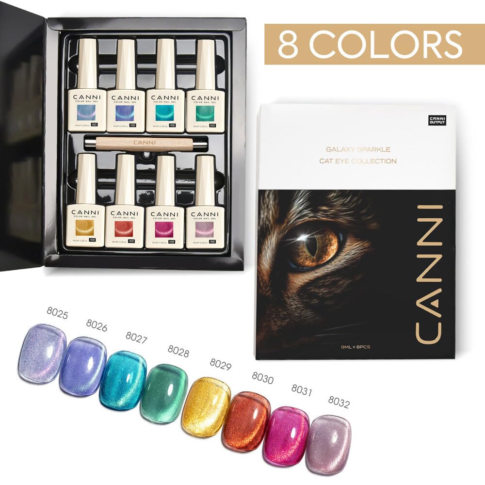CANNI 8 Pcs 9 ML Cat Eye Gel Nail Polish Set, Red Pink Blue Green Yellow Glitter Rainbow Holographic Cat Eye Gel Polish Kit with Magnet Shimmer Colors Nail Art Manicure Salon DIY Gifts