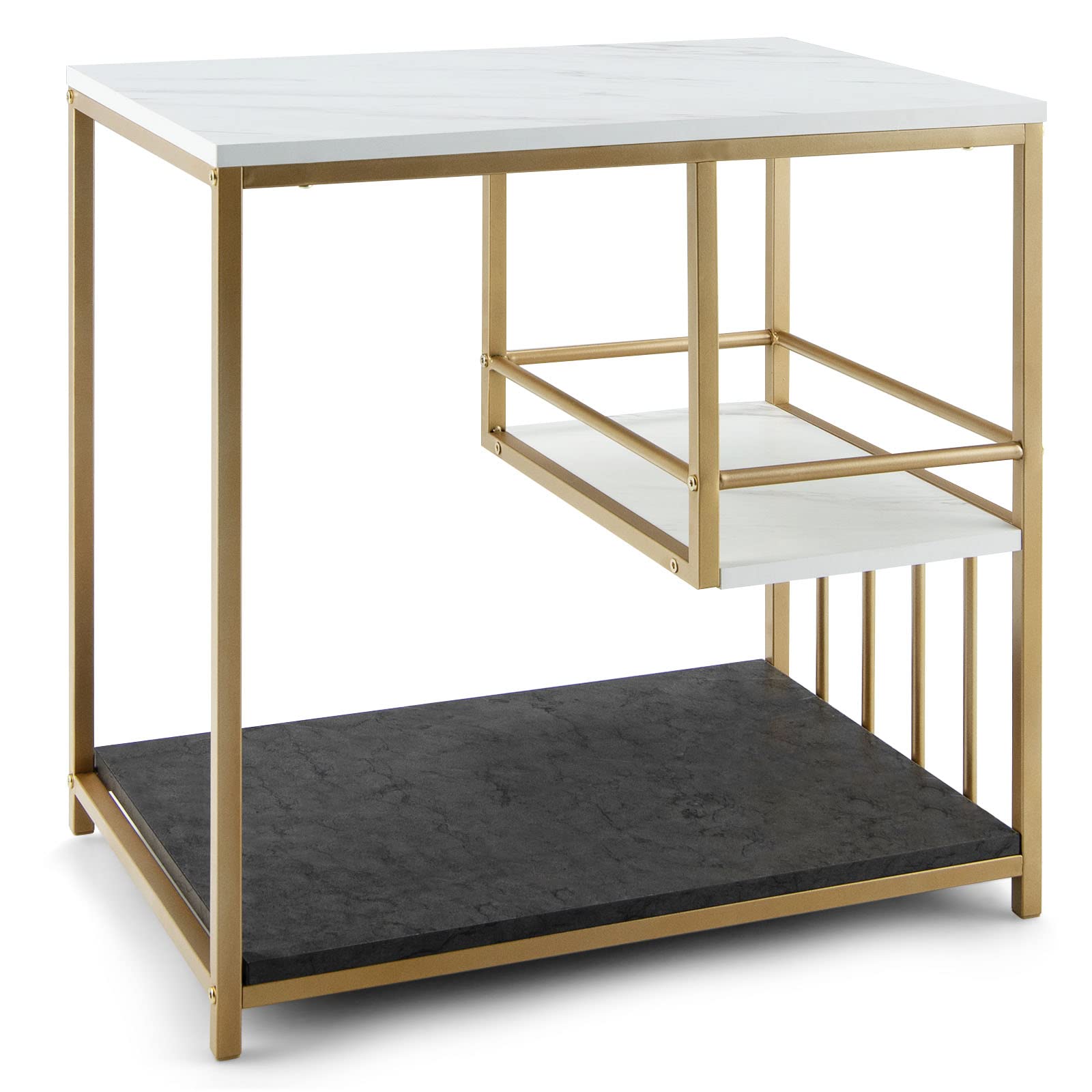 COSTWAY Mesa Auxiliar Blanca, Mesa con 3 Niveles y Estructura en Acero Pintada Dorada, Mesita Moderna para Salón Dormitorio, Fácil de Montar, Mármol y Oro 60 x 40 x 60,5 cm