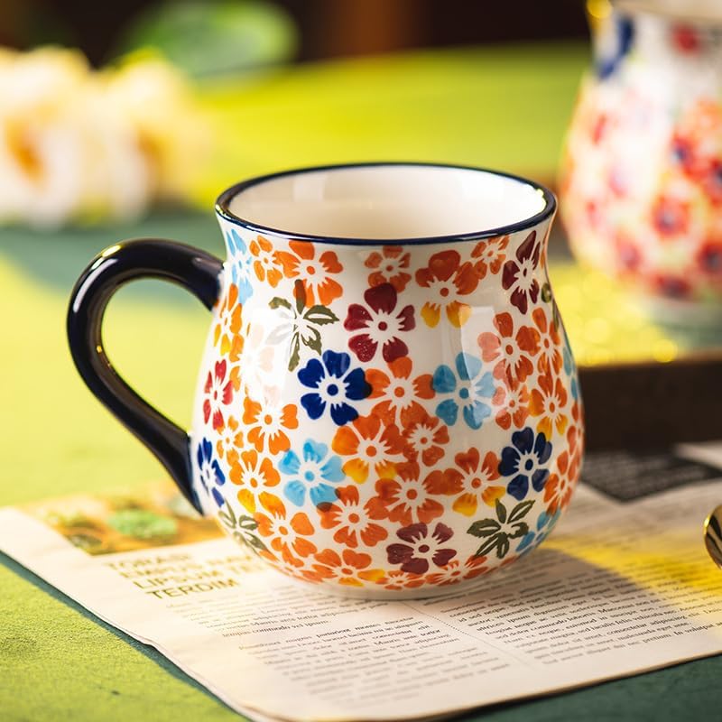 Ceramic Coffee Mug with Handle Vintage, Floral Cute Espresso Cups, Large Tea Cups and Drinking Mugs for Office and Home, Ideal Gifts for Women and Men (Orange 16oz) - Image 2