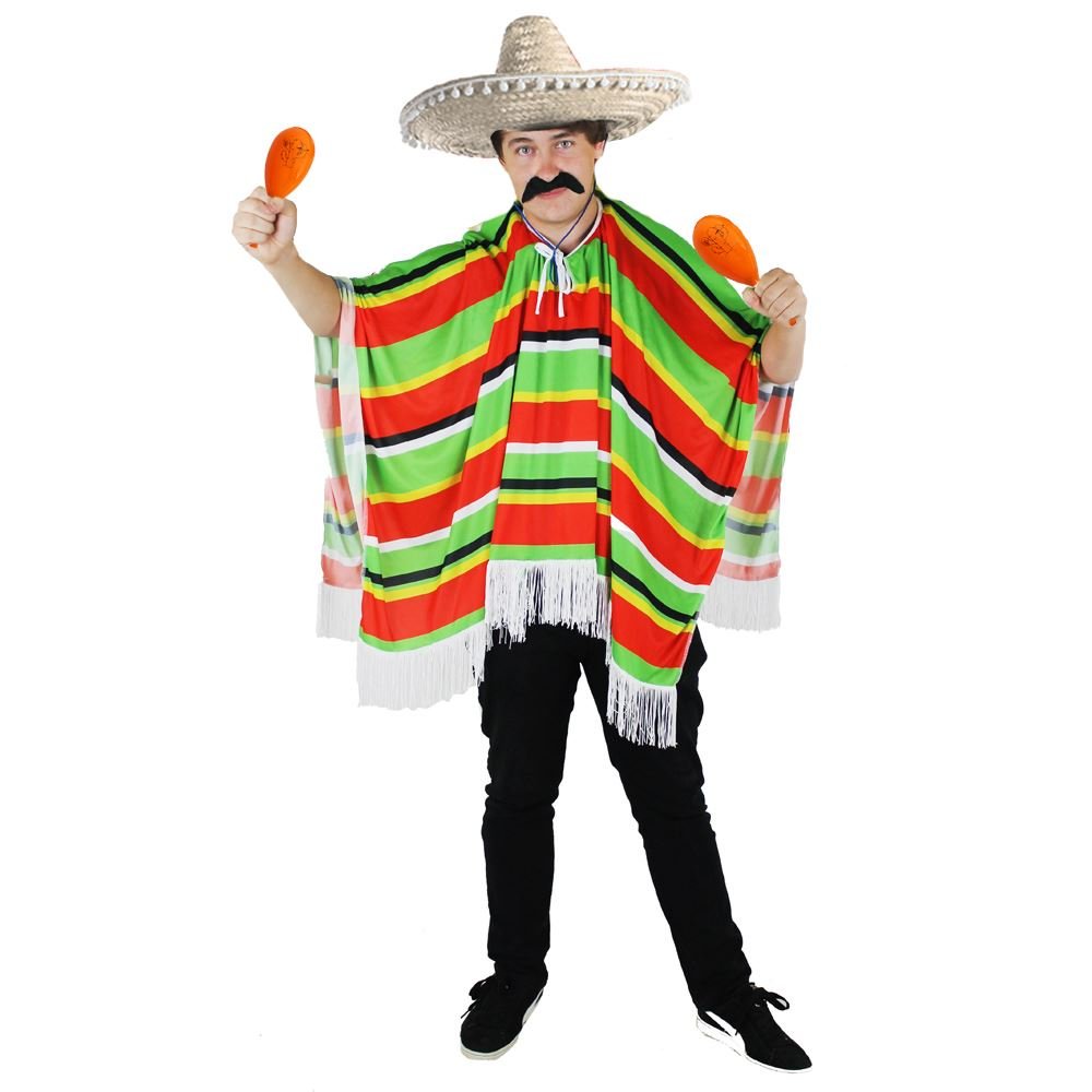 MEXICAN PONCHO WITH SOMBREROS AND MARACAS FANCY DRESS COSTUME