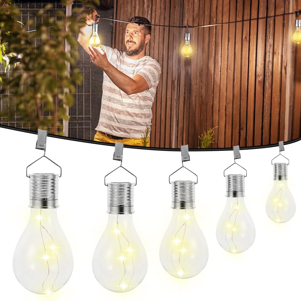 SKIKHN 5pcs Solar Light Bulbs, Solar Bulb Lights Outdoor Garden, Hanging Ball Lights with Clip, IP65 Waterproof Outdoor Light Bulbs, Solar Powered, for Tent, Garden, Party, Yard