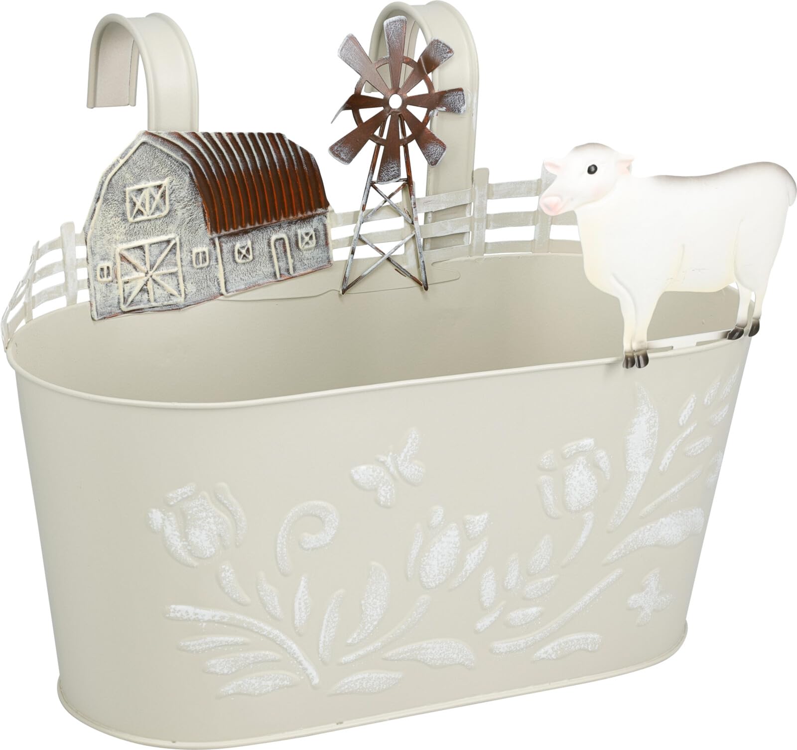 Muddy Hands Farmhouse Metal Hanging Planter Decorative Wall Fence Basket Rustic Cow Barn Garden Planter Pot for Flowers Herbs Plants Patio Balcony Indoor Outdoor Décor (Cream)