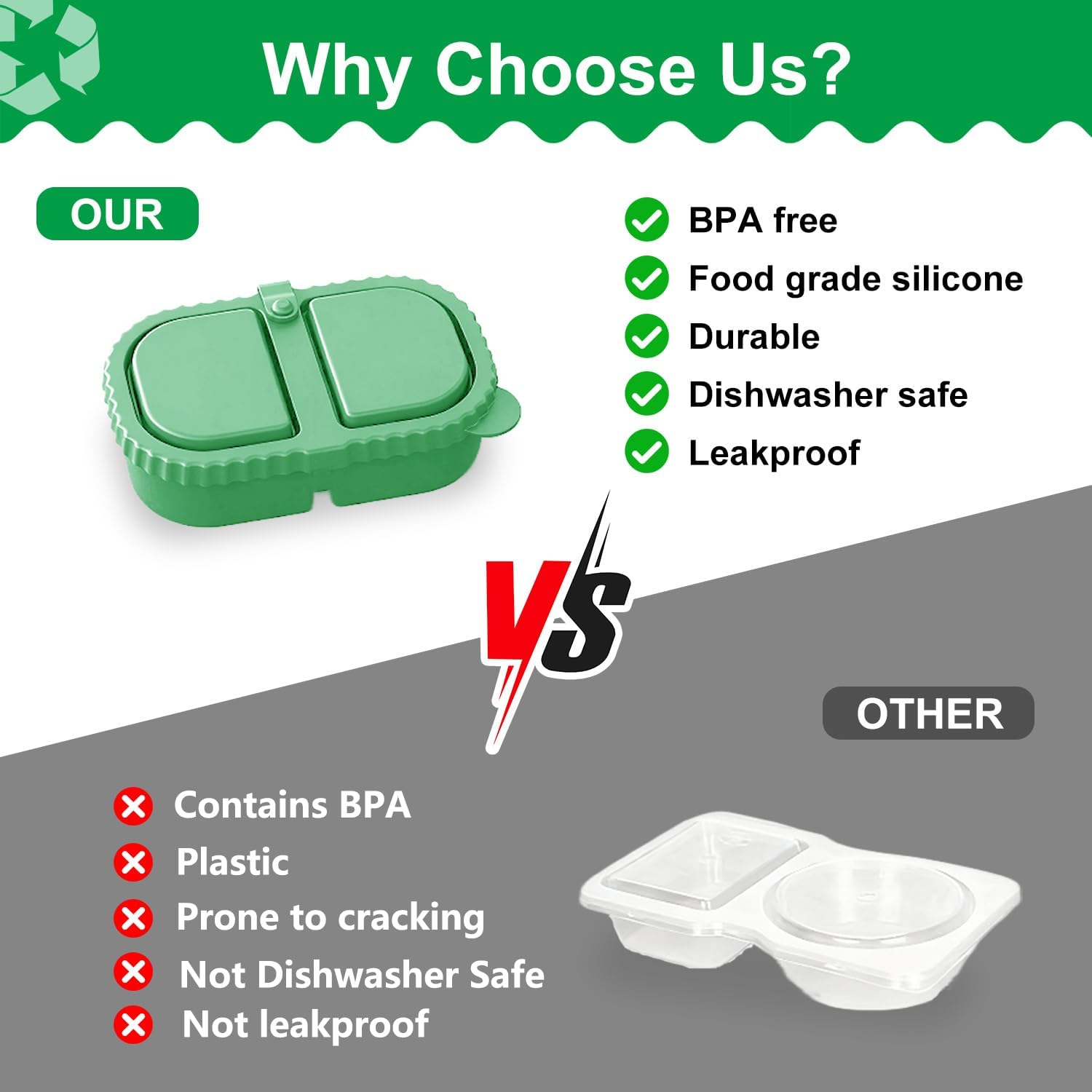 RAYBIN 3 Pack Silicone Reusable Snack Containers with Lids, 2 Compartments Leak-Proof Snackle Box Containers,Silicone Food Storage Containers for Office,School,Picnic - BPA Free (White,Green,Orange) - Image 6