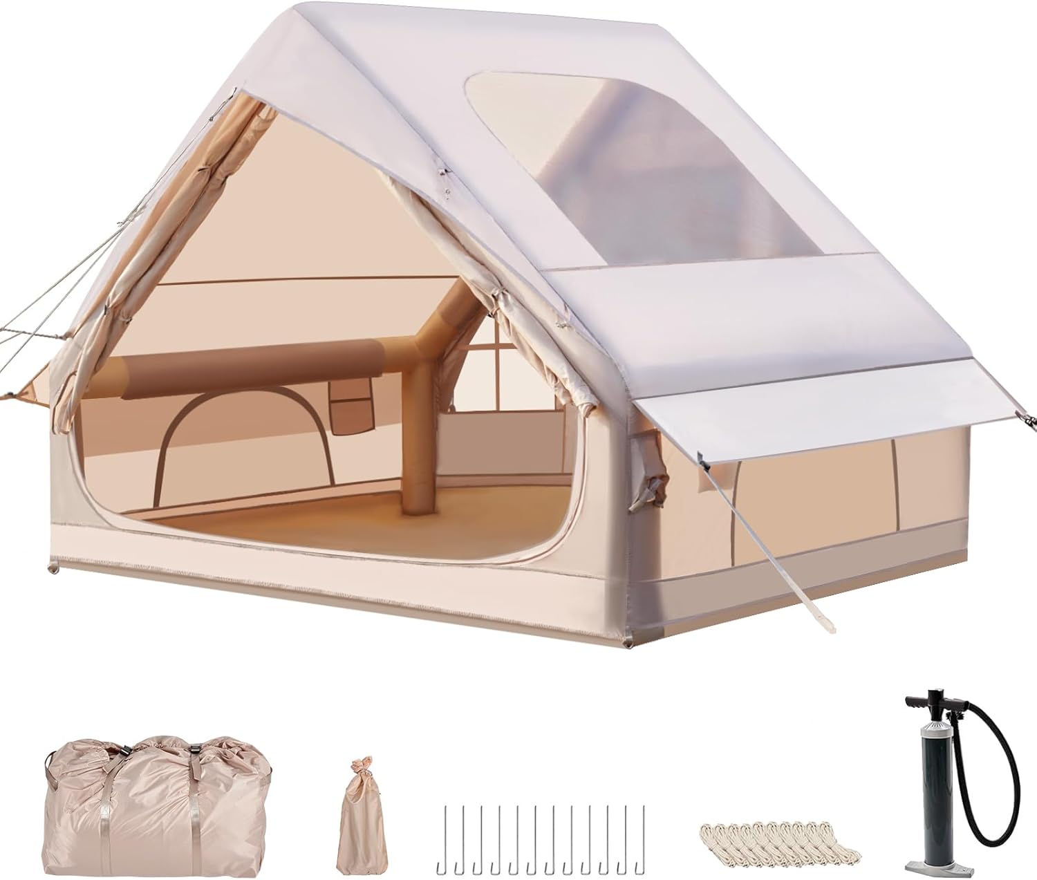 Aufblasbares Campingzelt mit Pumpe, 420D Oxford Glamping Aufblasbares Zelt für Camping, Wasserdicht bis 3000MM, 4 Saison Winddicht Kabinenzelt mit Mesh Fenster