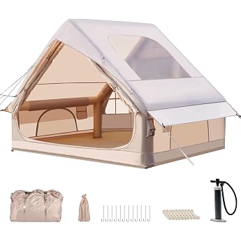 Inflatable Camping Tent with Pump 420D Oxford Glamping Inflatable Tent for Camping Waterproof up to 3000 mm 4 Seasons Windproof Cabin Tent with Mesh 4 People/Skylight with Chimney Opening