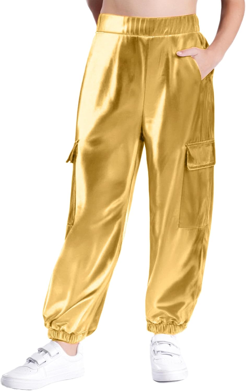 Kids Girls Boys Metallic Harem Pants Hip Hop Jazz Street Dance Trousers Shiny Jogger Sweatpants with Pockets