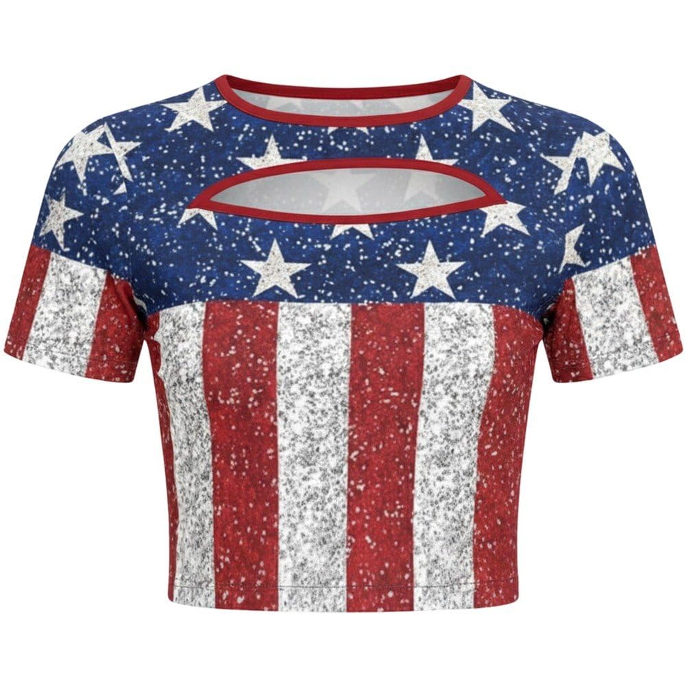 hzzsbu USA Flag Crop Top for Women 4th of July Patriotic Short Sleeve T Shirt American Flag Independence Day Tee