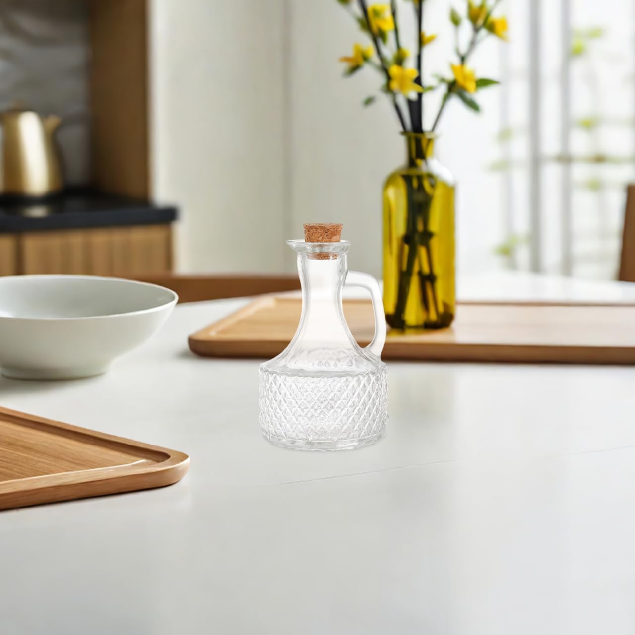 CALLARON 2 botellas de aceite de vidrio de 14 onzas con recipiente de aceite transparente de corcho, botella de almacenamiento de vinagre de aceite de cocina, botella de aceite de oliva, dispensador