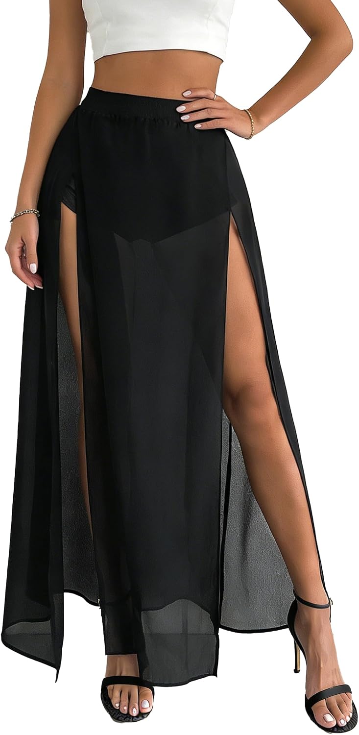 Avanova Women Double High Slit Maxi Skirt Sheer Sexy Flowy Long Skirts Beach Vacation with Shorts Underneath