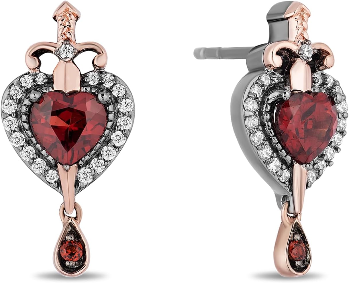 Jewelili Enchanted Disney Fine Jewelry Black Rhodium over Sterling Silver and 14K Rose Gold with 1/5 CTTW Diamond and Garnet Evil Queen Earrings