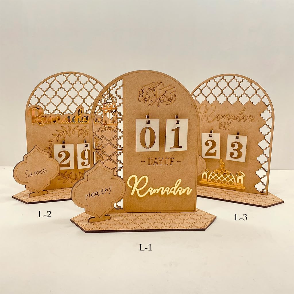 Ramadan Advent Calendars Wood Eid Mubarak Countdown Calendars Tracker Date for Kids Gift DIY 2025 Arabic Muslim Islamic Holiday Table Home Decorations Count Down Calendar (L-1)