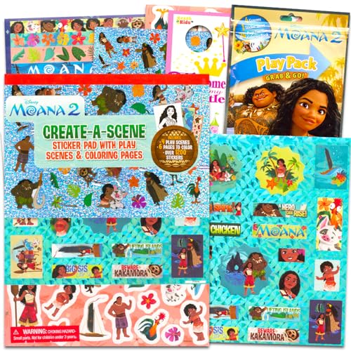 Moana Create a Scene Sticker-Aktivitätsbuch – Bündel mit Disney Stickerbuch mit Malseiten, Aufkleberszenen plus Spielpack, mehr | Vaiana-Aufkleberbücher für Kinder, Mädchen