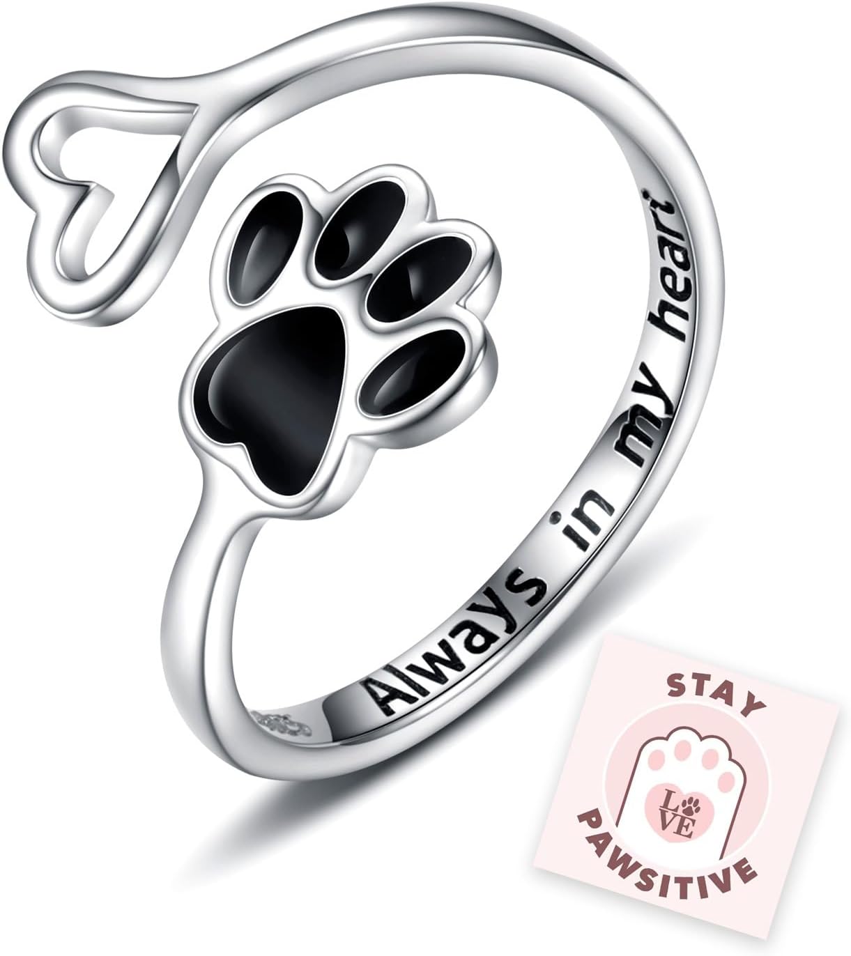 Puppy Pet Lovers Paw Print Ring Heart 925 Sterling Silver Adjustable Ring Pet Animal Jewelry Creative Pierced Love Dog Cat Claw Ring Pet Loving Friend Families Gifts