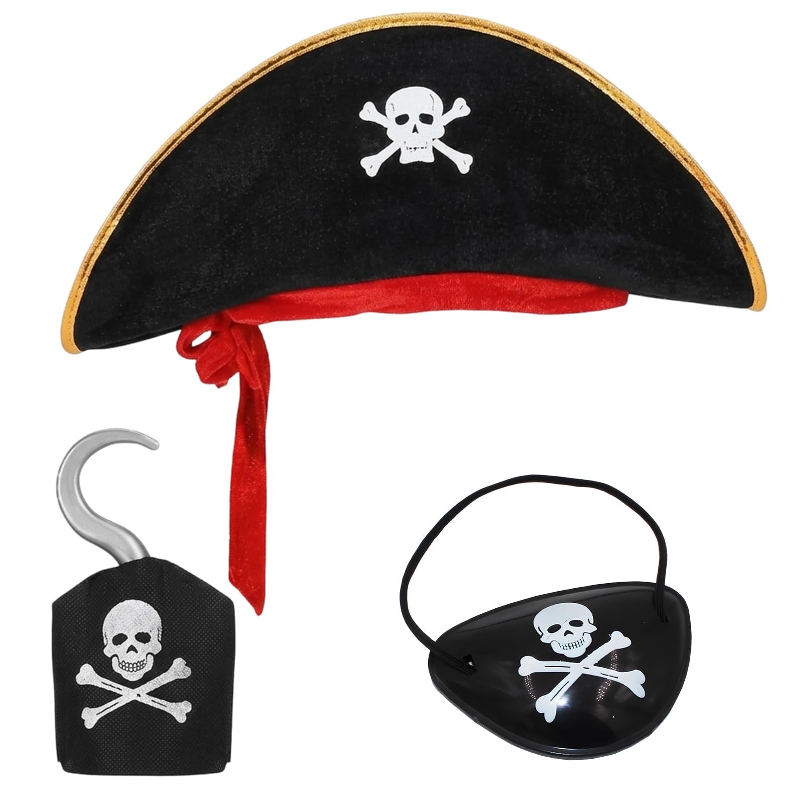 SrgPui 3 Pcs Pirate Accessories Set, Hat Eye Patch Hook, Dress Up Costume