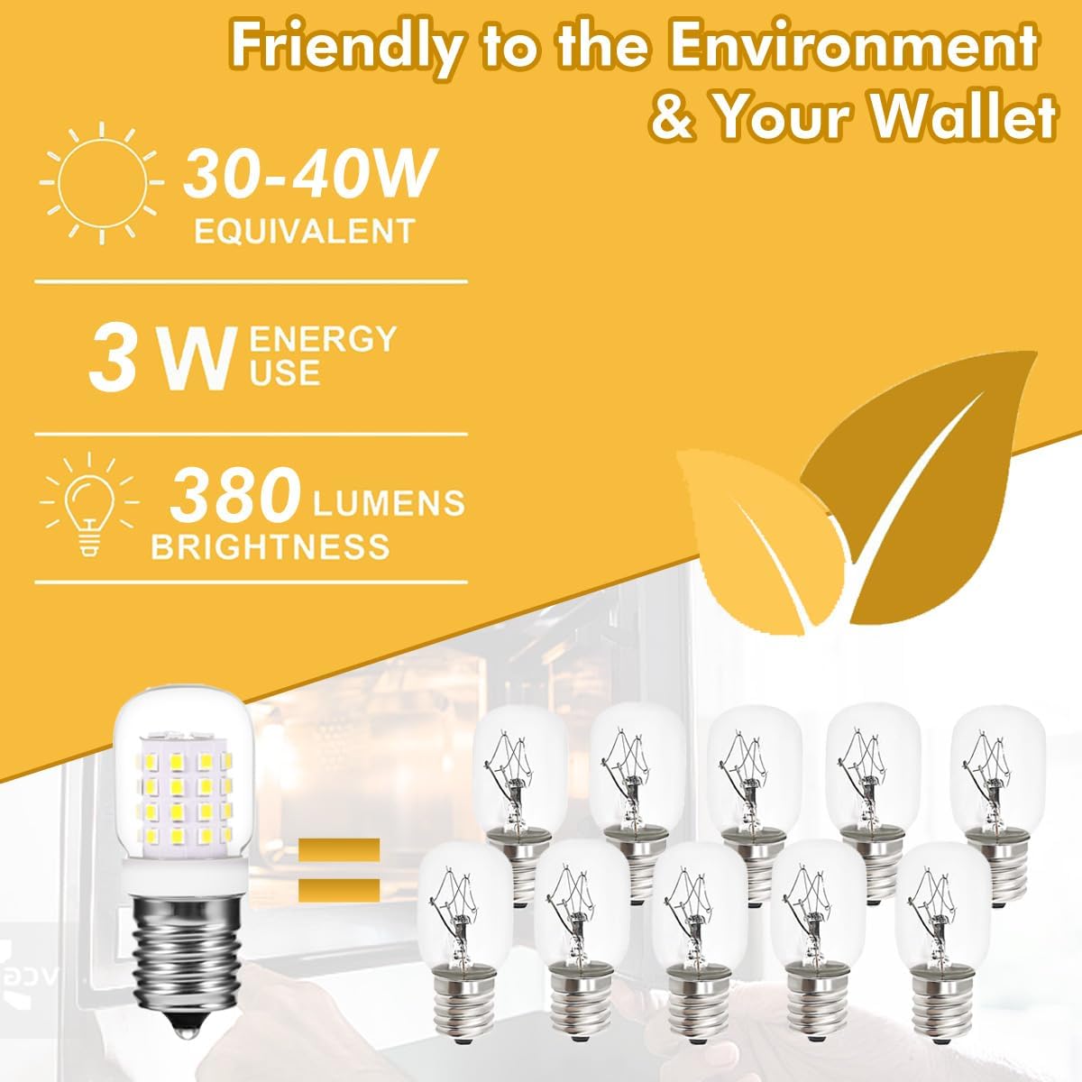 Microwave Oven Light Bulb E17 Base 3W 125V E17 LED Bulb 40W Equivalent, E17 Base Bulb for Oven Stove Top Range Hood Appliance Replacement Light White 5000K (Pack of 2)