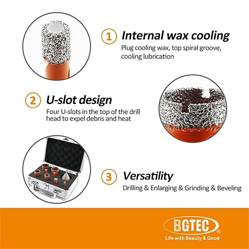 Miniatura 4 de BGTEC - Juego de brocas de diamante seco de 6810122025321.378 in y 1 broca de chaflán Dimaond de 1-38 pulgadas para cerámica de porcelana de granito