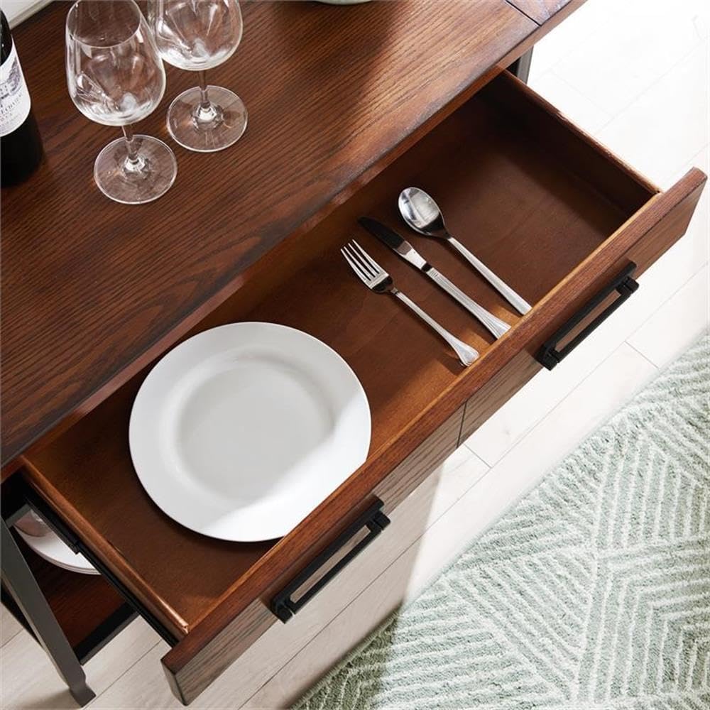 BOWERY HILL Contemporary Wood Mini-bar/Wine Stand, 36" x 15" x 30", Oak Finish, Storage Drawer, Stemware Racks, Bottle Holder, Display Shelf, Mission Style, Matte Black Metal Base for Home Bar Use