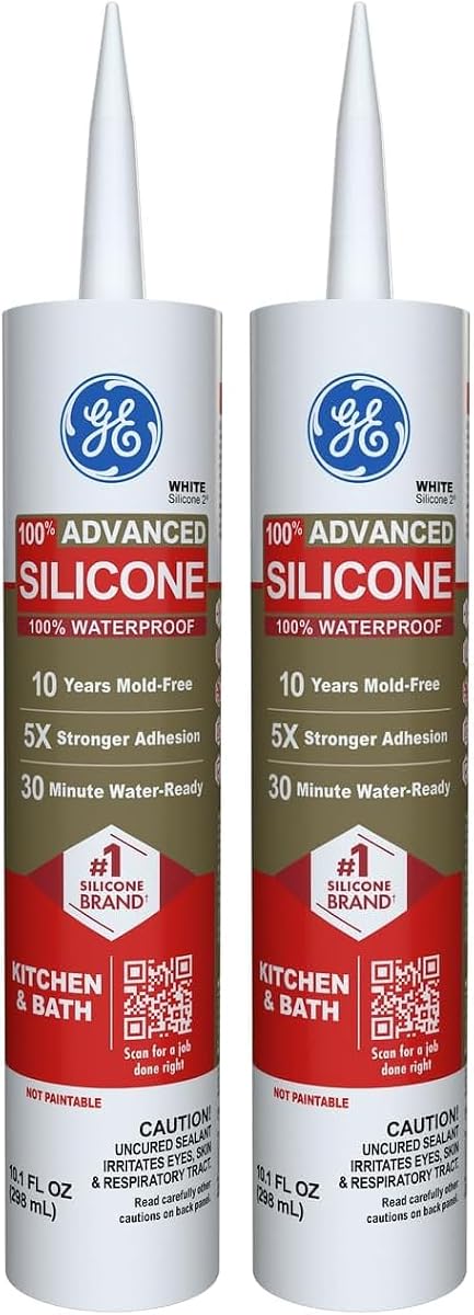 GE Advanced Silicone Caulk for Kitchen & Bathroom, White, 10 fl oz Cartridge, 2 Pack - 100% Waterproof Silicone Sealant, 5X Stronger Adhesion, Shrink & Crack Proof